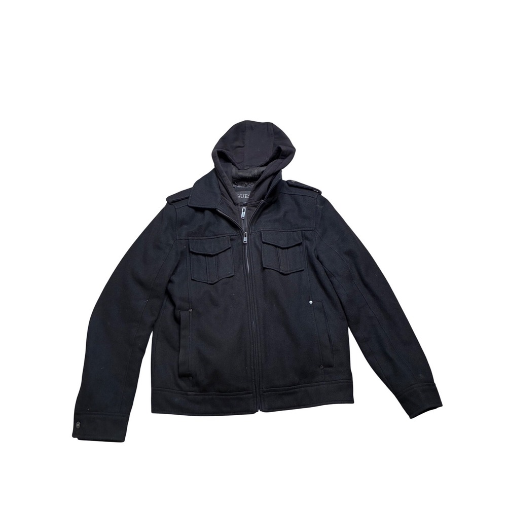 Guess Mens Black Wool Blend Hooded Utility Jacket Size Medium grunge goth skater